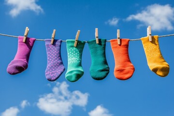 Vibrantly colored socks drying on a clothesline under a blue sky with fluffy white clouds