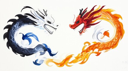 Vibrant Depiction of Two Mythical Dragons Engulfed in a Fiery Circle Symbolizing Power and Protection in a Dynamic Traditional Asian Art Style