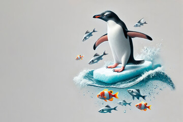 Fototapeta premium Penguin on an iceberg among fish. Space for text.