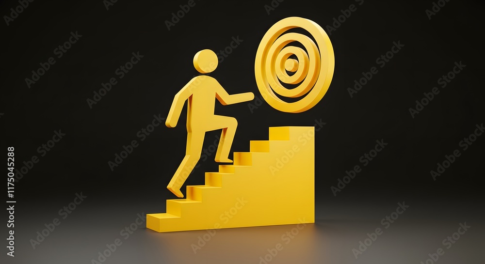 Poster abstract three dimensional design of human figure climbing stairs towards bold target symbolizing go