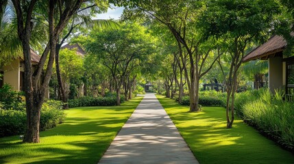 Obraz premium A beautiful pathway lined with trees and soft green grass on both sides in a tranquil garden.