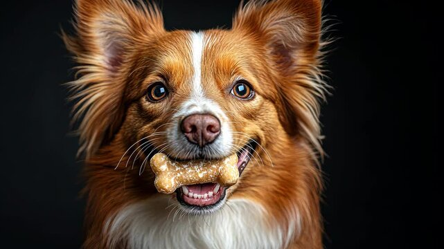 Dog is holding a bone in its mouth. The dog is smiling and he is happy