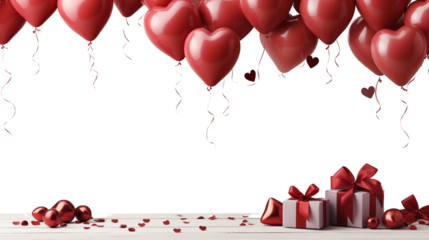 Romantic Valentine's Day Scene: Red Heart Balloons and Gifts, studio view, isolated on transparent background.