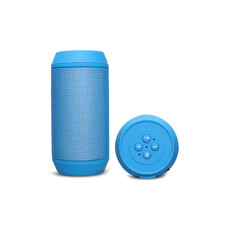 Portable sky blue wireless speaker isolated on white background.
