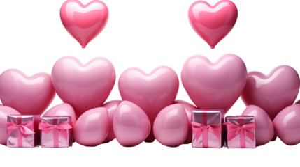Pink Heart Balloons and Gifts, Valentine's Day, Romantic, Love, studio view, isolated on transparent background.