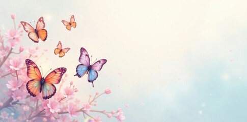 Serene Springtime Delicate Butterflies Dancing Amidst Blooming Cherry Blossoms, a Pastel Dreamscape of Nature's Gentle Beauty