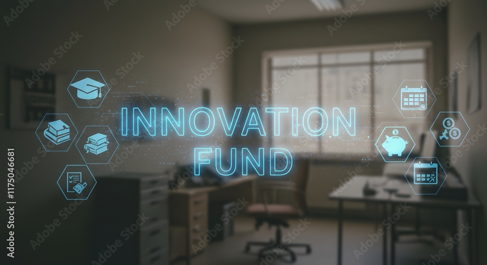 Poster innovation fund concept with virtual graphics in an office environment showcasing education and fina