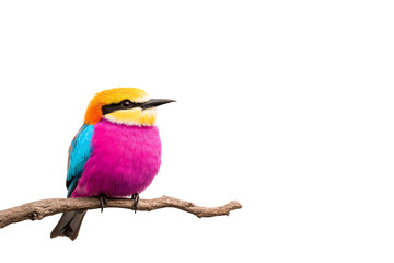 A colorful bird with pink, blue, and yellow plumage perched on a branch.