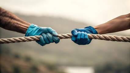 Tug war, two worker pulling a rope in opposite directions