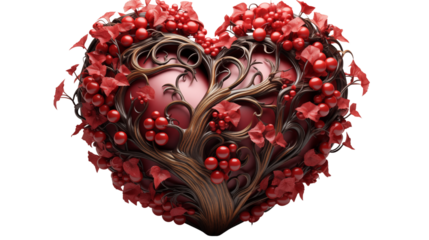 Ornate Red Heart with Vines and Berries, 3D Render, studio view, isolated on transparent background.