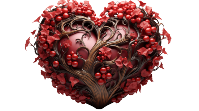 Ornate Red Heart with Vines and Berries, 3D Render, studio view, isolated on transparent background.