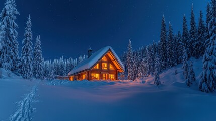 Fototapeta premium A cozy two-story house covered in a thick layer of snow, with warm light glowing from the windows, surrounded by tall snow-covered pine trees under a clear, starry night sky.