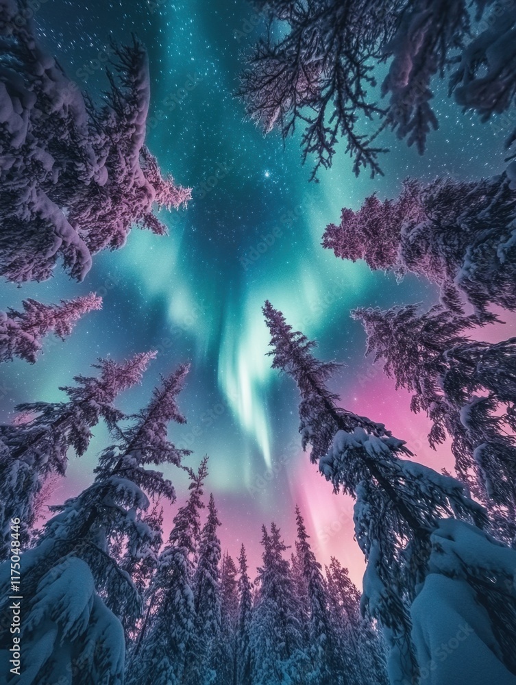 Wall mural the sky above the surreal forest is an impossible shade of pink casting an otherworldly glow over th