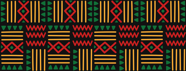 African geometric seamless pattern on black background. Abstract ethnic horizontal ornament. For greeting card, banner, textiles, wallpaper. Vector flat illustration.