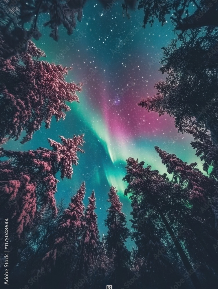 Wall mural the sky above the surreal forest is an impossible shade of pink casting an otherworldly glow over th