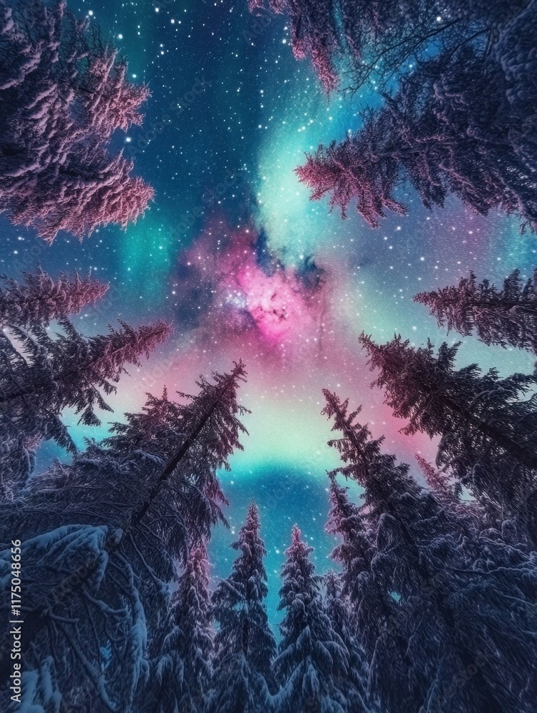 Wall mural the sky above the surreal forest is an impossible shade of pink casting an otherworldly glow over th
