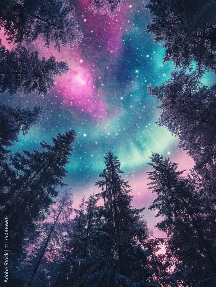 Wall mural the sky above the surreal forest is an impossible shade of pink casting an otherworldly glow over th