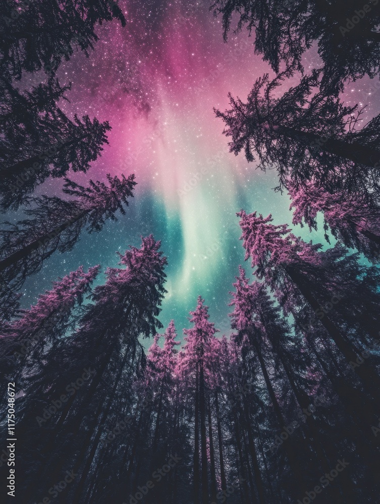 Wall mural the sky above the surreal forest is an impossible shade of pink casting an otherworldly glow over th