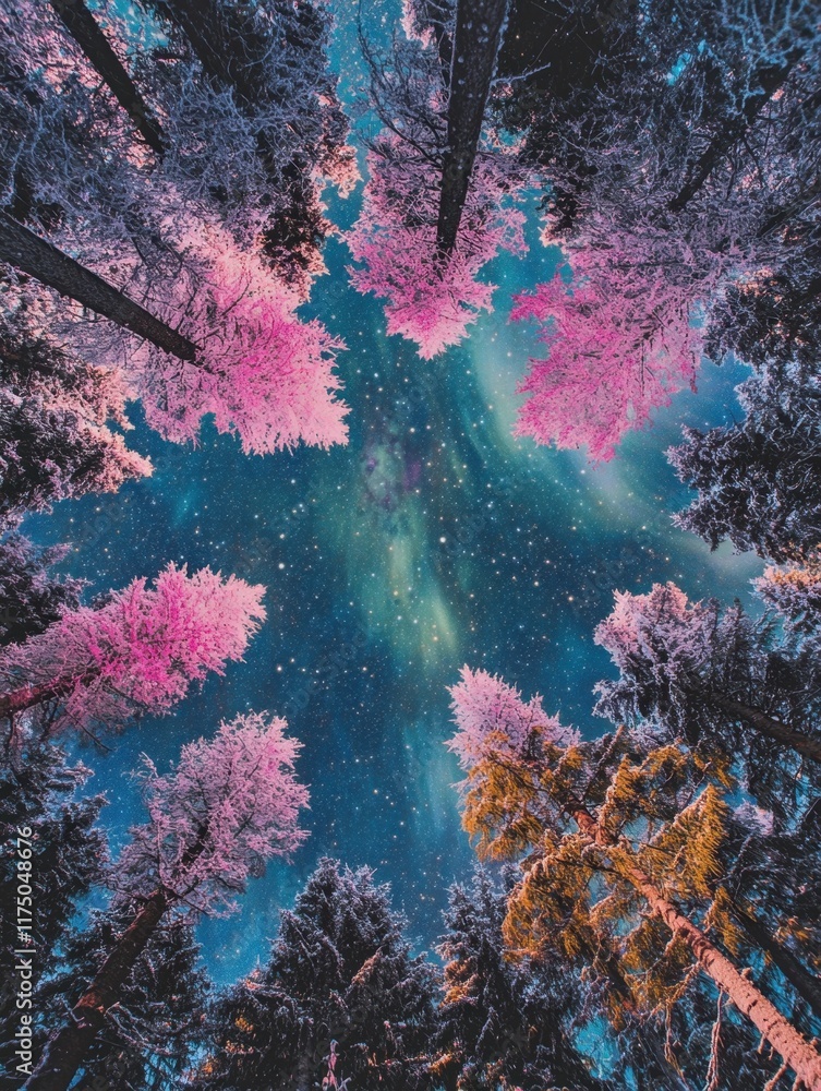 Wall mural the sky above the surreal forest is an impossible shade of pink casting an otherworldly glow over th
