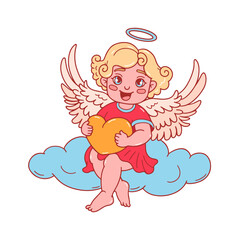 Cute cupid sitting on cloud with heart. Cherub with blonde curly hair and pink dress. Happy Valentine's day doodle character. Amour Baby Angel. God of love on white background. Vector illustration.