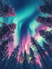 Naklejka premium The sky above the surreal forest is an impossible shade of pink casting an otherworldly glow over the distorted trees 