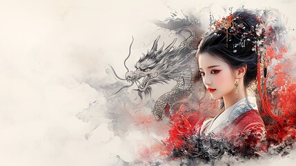A beautifully crafted poster depicting an ancient woman holding scissors as she weaves intricate red patterns, surrounded by cultural motifs like a dragon, phoenix, and horseshoe. The design 