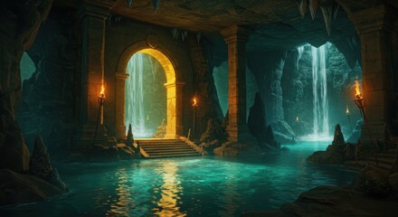 Underground cavern, glowing archway, luminous waterfall, reflective pool, fantasy grotto, magical atmosphere, torchlit chamber, ancient ruins, ethereal light, mysterious passageway, subterranean oasis