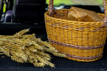 Basket filled with fresh wheat and paper package in the back of a vehicle during a countryside...