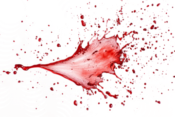 Blood splash hitting a flat surface, droplets scattered widely, isolated on a white background.