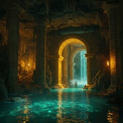 Underground cavern, glowing archway, luminous waterfall, reflective pool, fantasy grotto, magical atmosphere, torchlit chamber, ancient ruins, ethereal light, mysterious passageway, subterranean oasis