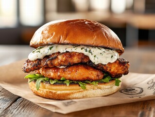 A burger with chicken and lettuce on a brown paper