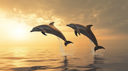Two dolphins leap out of the water at sunset, silhouetted against the golden sky.