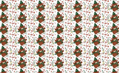 seamless pattern abstract doodle  cartoon  bear with leaf and heart hand-drawn for card print paper wallpaper 