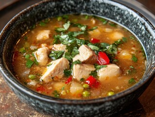 A bowl of soup with chicken and vegetables