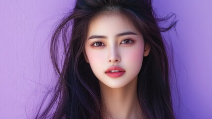 Fototapeta premium Beautiful Woman With Long Black Hair Against Purple Background