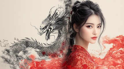 Fototapeta premium A masterpiece of traditional Chinese art in a paper-cut style, showcasing an ancient woman engaged in weaving red patterns symbolizing time. Mythical elements, such as a dragon, phoenix, and 