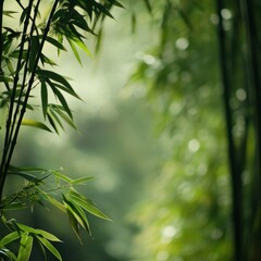 Obraz premium Lush green bamboo forest with soft light and bokeh.