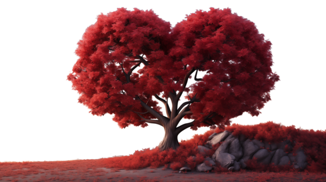 Heart-Shaped Crimson Tree Digital Art, Fantasy Nature, studio view, isolated on transparent background. - Powered by Adobe
