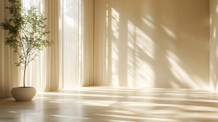 An Elegant Minimalistic Abstract Scene with a Gentle Light Beige Background for Artistic Product Showcases with Light and Shadow Patterns