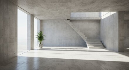 Obraz premium Minimalist architecture, concrete hallway, sunlight streaming through, diagonal shadows, potted plant, white brick walls, geometric shapes, clean lines, modern interior design, empty space, natural li
