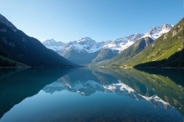 Mountain Lake Reflection with Snow-Capped Peaks and Green Valleys