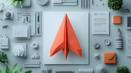 A Stylish Red Origami Paper Plane on a White Desk Surrounded by Modern Business Tools, Representing Innovation and Entrepreneurship
