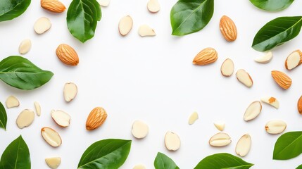 Top view of scattered raw and sliced natural brown-colored almond nuts with green leaves on a white background, flat lay, copy space concept for healthy food mock-up, product presentation