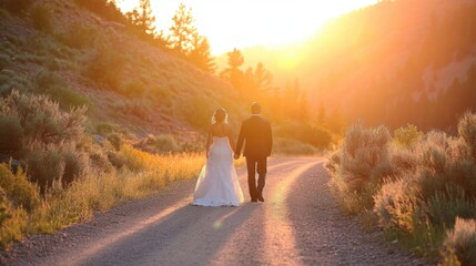 Fototapeta premium Romantic couple walking at sunset on coastal path 