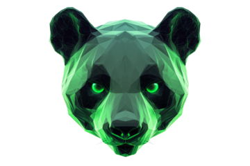 Low poly panda face with soft green glowing patterns, isolated against a bright white background