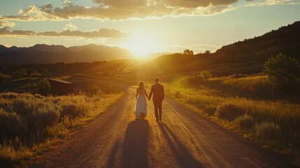 Romantic couple walking at sunset on coastal path
