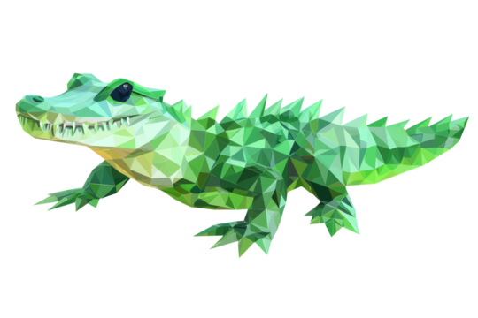 Crocodile with neon-green glowing scales, low poly on a white background