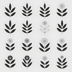 Set of Botanical Decorative Vector Patterns with flowers, leaves and stems, black and white line drawing icons for design 