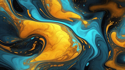 Abstract fluid art, swirling colors, vibrant orange and blue, cosmic energy, flowing patterns, dynamic movement, fiery tendrils, celestial nebula, dark background, digital painting, high contrast