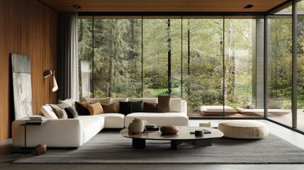 Fototapeta premium A chic living room with contemporary furniture, large floor-to-ceiling windows, and a warm, inviting atmosphere.